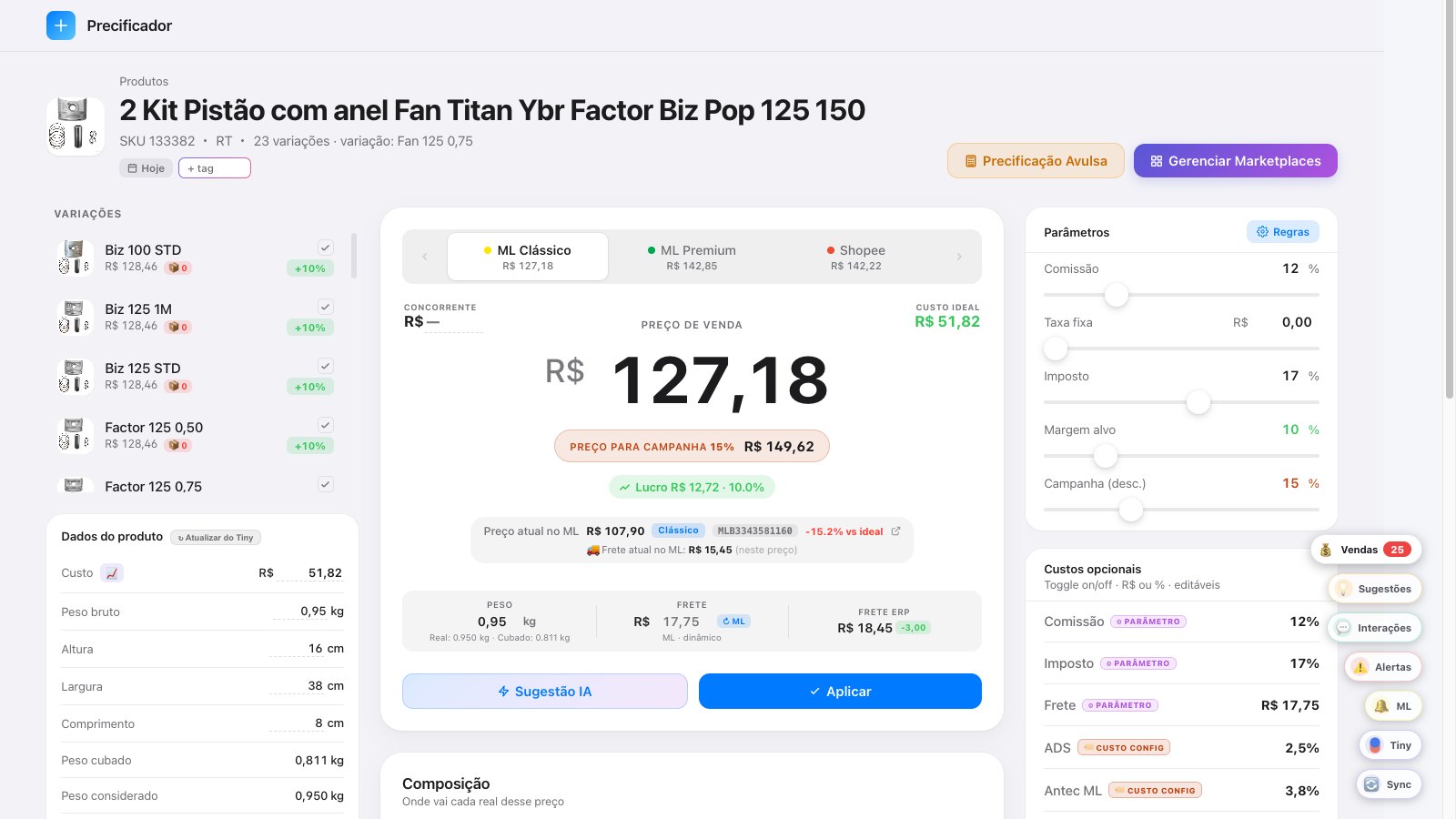 Precificador do FinanPlace com preço por canal e custos em tempo real